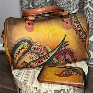 Anuschka Hand Painted Leather Sachel & Matching Wallet